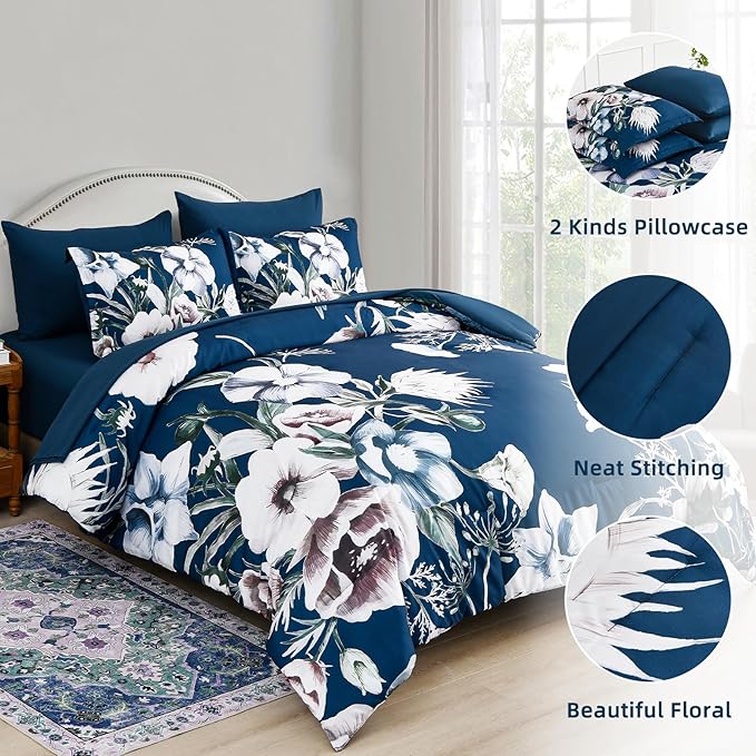 Luxudecor Floral Comforter Set King Size 7 Piece, Navy Flower Bed in a Bag, Elegant Comforter Bedding Set for All Season (Navy, 104"x90")