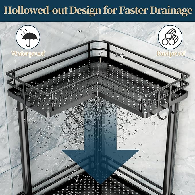 Consumest Corner Shower Caddy Standing - 4-Tier Stainless Steel Shower Organizer with Soap Holder and 4 Hooks, Large Capacity Corner Shelf Stand for Bathroom, Rest Room, Black - Image 5