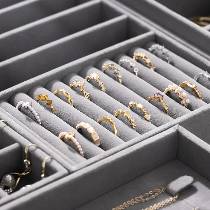 Velvet Jewelry Drawer Organizer Trays – Grey Stackable Jewelry Storage Inserts Set, 4-Layer Jewelry Tray Set for Earrings, Rings, Necklaces, Bracelets with Removable Dividers for Dresser & Vanity - Image 5