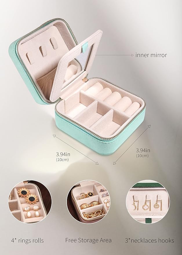 S.Leaf Travel Jewelry Organizer Boxes for Women Small Portable Necklace Earrings Bracelet Rings Travel Case Best Friend Birthday Gifts for Women Trendy (07_Suede_Touch_Mint_Green) - Image 6