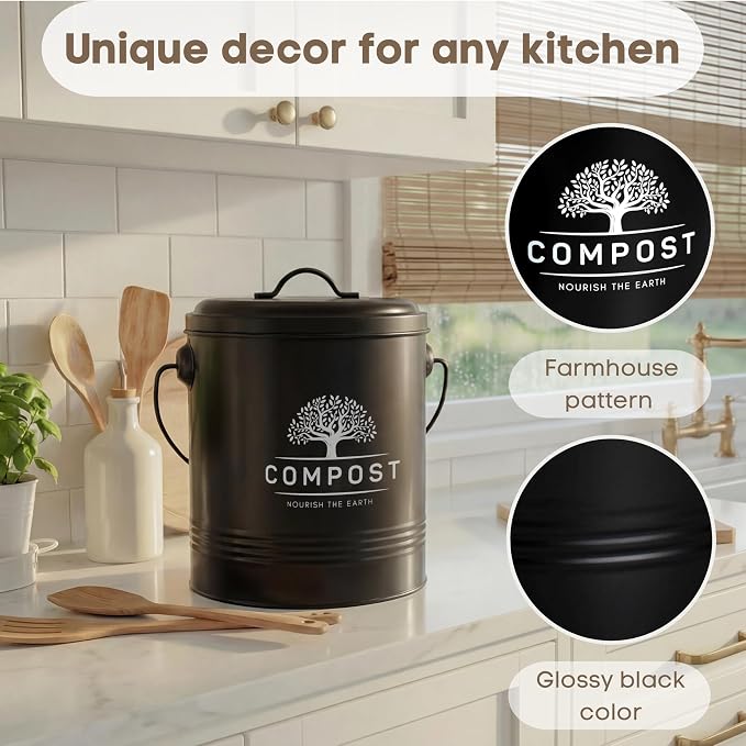 Perfnique Kitchen Compost Bin, 1.3 Gallon Countertop Compost Bin with Lid, Indoor Compost Bucket Includes Inner Bucket Liner and Carbon Filter, Small Compost Bin with Trash Bags (with Bags, Black) - Image 4