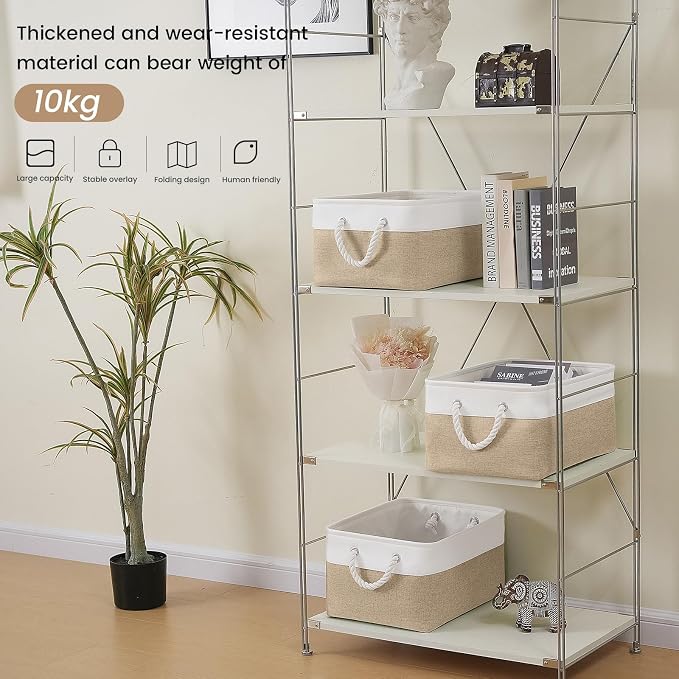 Large Storage Baskets- 15.7x11.8x8.26 inch Storage Bins for Shelves and Closet Organizing, Foldable Fabric Bin for Home Organization Clothes and Laundry (3-Pack, White&Khaki) - Image 4