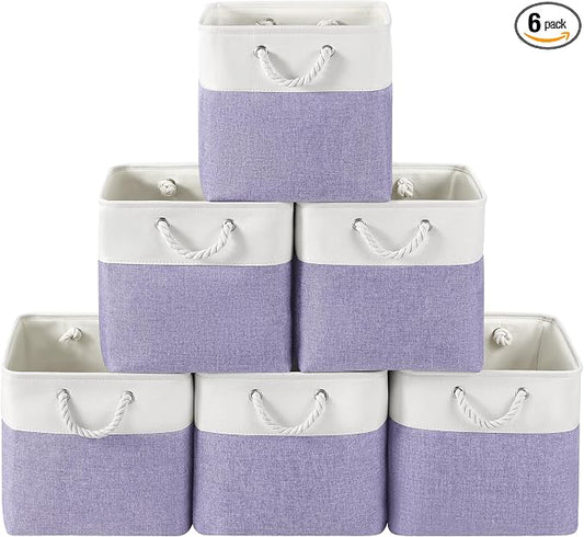 13 x 13 Inch Cube Storage Bins, 6 Pack Fabric Storage Basket with Handles, Foldable Boxes Organizer for Shelf Baskets for Home, Clothes (White/Purple) by VQRTEXAStorageBasket