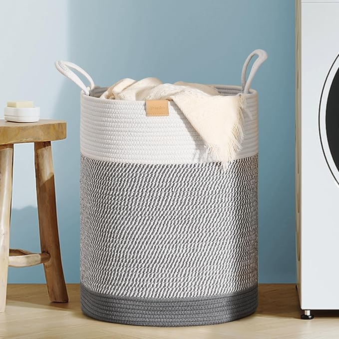 Nunsino Laundry Hamper 62L,Large Laundry Basket for Clothes,Decorative Storage Basket for Blankets,Cotton Rope Woven basket for bedroom,Grey White by Nunsino