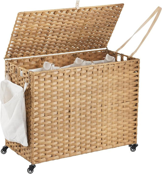 Laundry Hamper with Wheels, 52.8 Gallon(200L) Rolling Laundry Basket with Lid, 3-Section Rattan Clothes Hamper with 3 Removable Liner & 3 Mesh Bags, Laundry Sorter with Side Pocket, Natural by Hiagnete