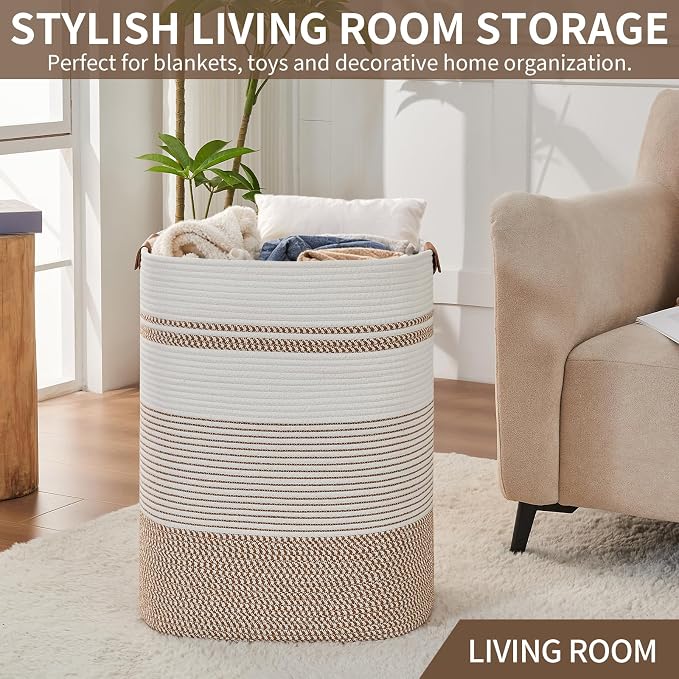 AINUOQI Laundry Basket with Handles - Blanket Basket & Hampers for Bedroom Aesthetic, Laundry Hamper & Blanket Storage for Living Room, Clothes Hamper, Tall, Large 17" x 14" x 22”, Brown & White - Image 7