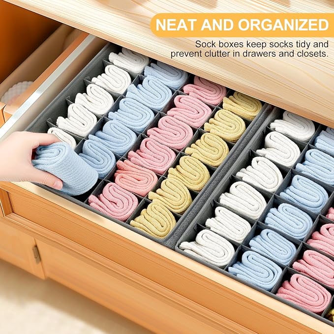 Joyoldelf Sock Drawer Organizer Divider Underwear Organizer 24-cell Fabric Dresser Drawer Organizers Storage Boxes for Socks Lingerie, Handkerchiefs, Ties 4 Pack (Gray) - Image 7