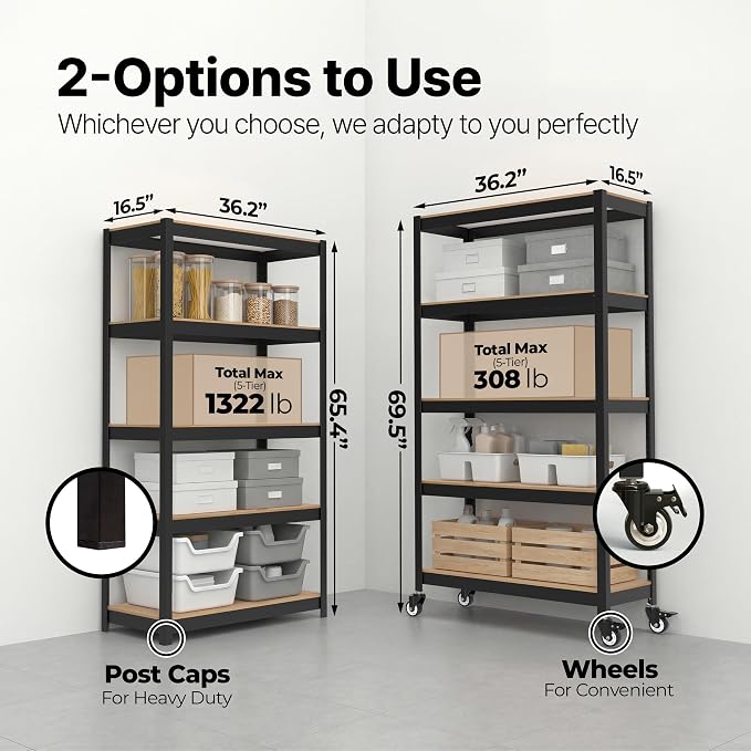 HOMEDANT House 36.2" W 5 Tier Heavy Duty Garage Shelving Adjustable Metal Rack Storage Shelves Standing Shelf Unit Organizers Pantry Closet Office Black 2Pack - Image 2