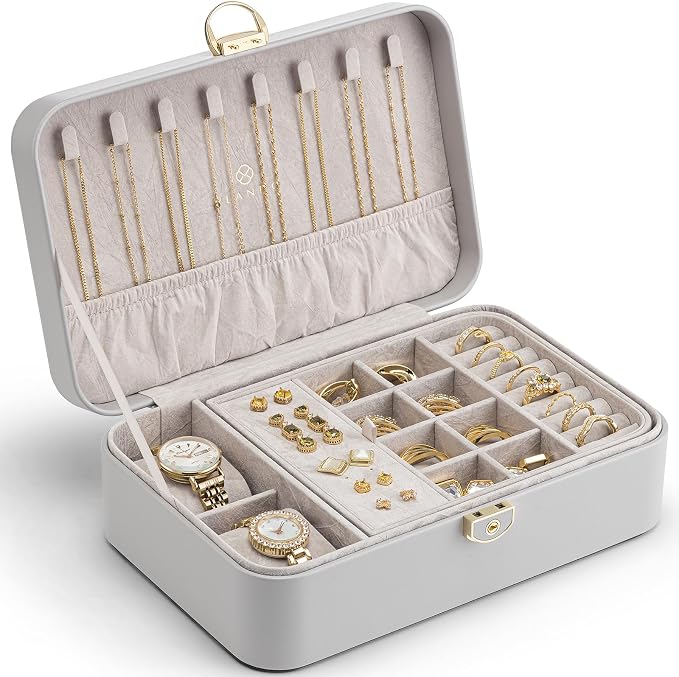 VLANDO 2 Layer Jewelry Box,Jewelry Organizer Storage Lockable Earring Organizer Removable Jewelry Tray with Watch Pillow for Neckable Ring Bracelets-Grey by VLANDO