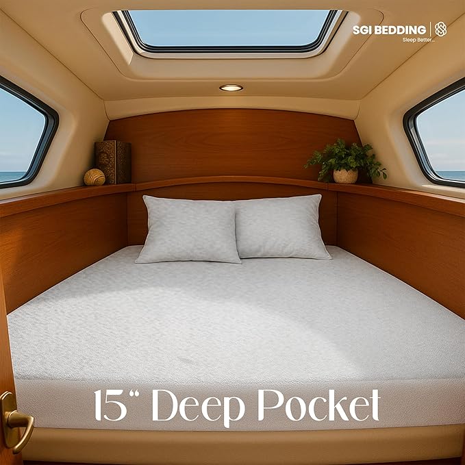 SGI Bedding Waterproof After V Berth Mattress Protector 90" Head x 60" Length x 75" Foot – 15" Deep Pocket, 360° Fitted Style Mattress Pad Cover, Soft Noiseless & Breathable Cover for Boat – White