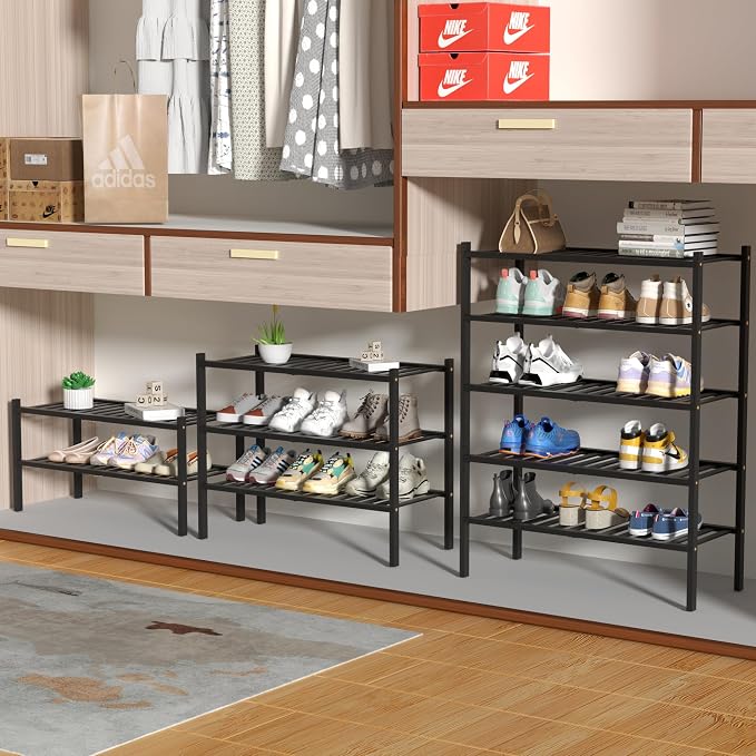 ROMGUAR CRAFT 4 Tier Bamboo Shoe Rack for Closet Free Standing Wood Shoe Shelf for Entryway Small Space Stackable 27"x11"x26" (Black) - Image 4
