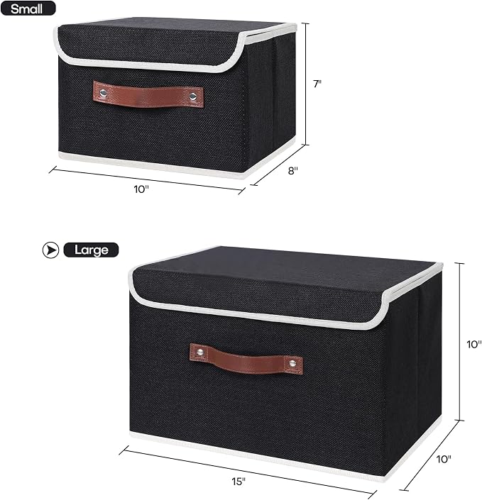 ANMINY Storage Bin with Lid Storage Boxes with PU Leather Handles PP Plastic Board Decorative Foldable Lidded Cotton Linen Fabric Home Cubes Baskets Closet Organizer Container - Black, Large Size - Image 5