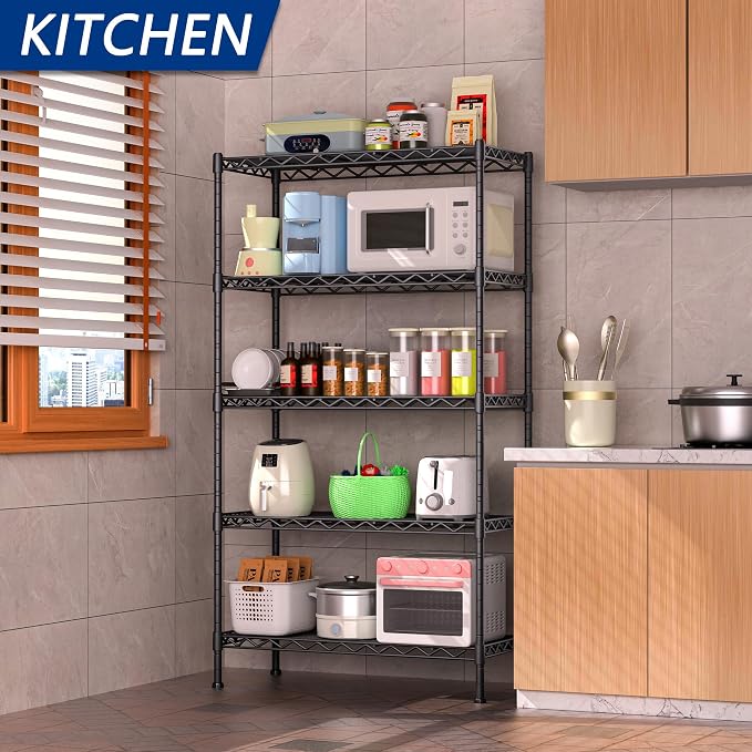 Soywey 5-Shelf Adjustable Heavy Duty Storage Shelving Unit, Metal Organizer Wire Rack for Laundry Bathroom Kitchen Pantry Closet, Black - Image 2