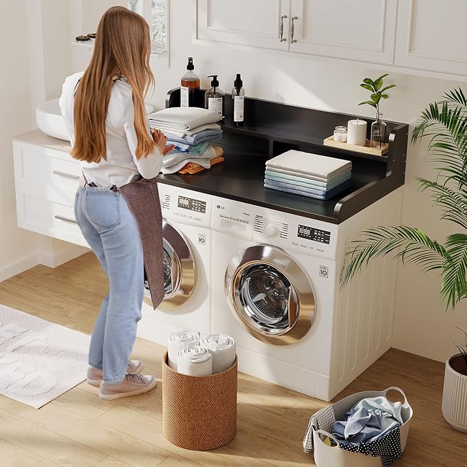 2-Tier Washer Dryer Countertop with 2.75"H Edge Rails, 54" W x 27.55" D Laundry Countertop for Folding Clothes, Washer and Dryer Topper with Non-Slip Pad (Black) - Image 4