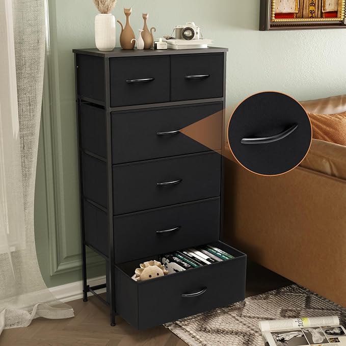 Fabric Dresser for Bedroom, Tall Skinny Dresser with 6 Drawers, Storage Organizer Tower, Steel Frame Wooden Top for Closet, Living Room, Hallway, Nursery(Black) - Image 6