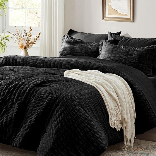 Zzlpp Black Queen Comforter Set 7 pieces, Seersucker Bed in a Bag with Comforter and Sheets, All Season Bedding Sets with 1 Comforter, 2 Pillow Shams, 2 Pillowcases, 1 Flat Sheet, 1 Fitted Sheet