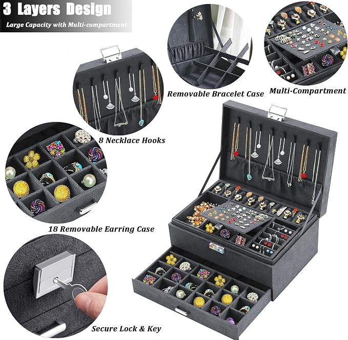 QBestry 3-Layer Jewelry Box for Women with Lock and Key & Drawer, Large Jewelry Organizer with 8 Necklace Hooks & 56 Earring Holes, Grey Velvet Jewelry Storage Box for Necklaces Earrings Ring Bracelet - Image 3
