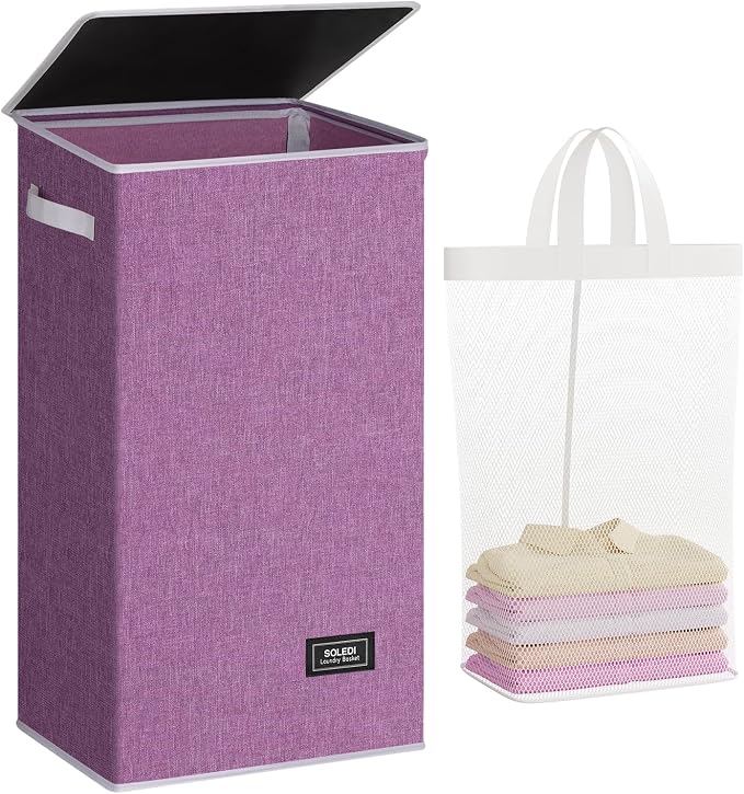 SOLEDI Laundry Hamper with Lid 100L Large & Tall Collapsible Laundry Basket, Clothes Hamper with Bag Removable Easy to Carry, Dirty Hampers for Bedroom, Bathroom, Dorm, College, Purple by SOLEDI
