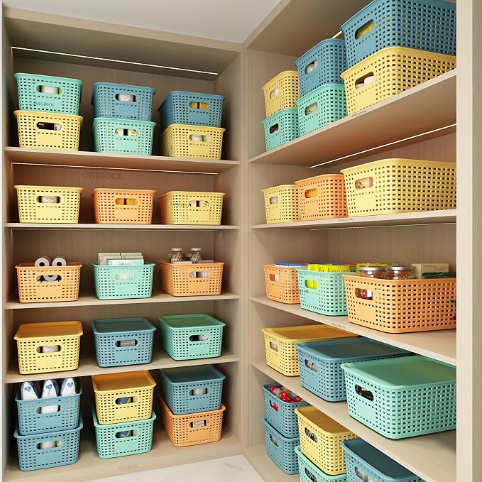 ORGIDOL Plastic Storage Basket with Lids 12 Pack Stackable Colorful Storage Bins Containers with Lid, Decorative Storage Boxes for Organizing Shelves, Drawers, Playroom, Classroom, Office, Closet - Image 3