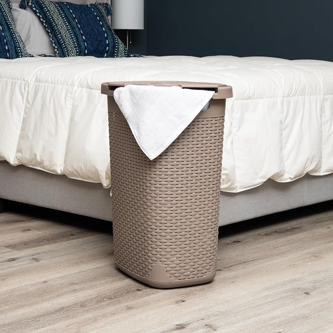 Mind Reader Slim Laundry Hamper with Lid, 60L Tall Clothes Basket, Narrow Tapered Design for Bathrooms, Closets and Laundry Rooms, Plastic, Tan - Image 2