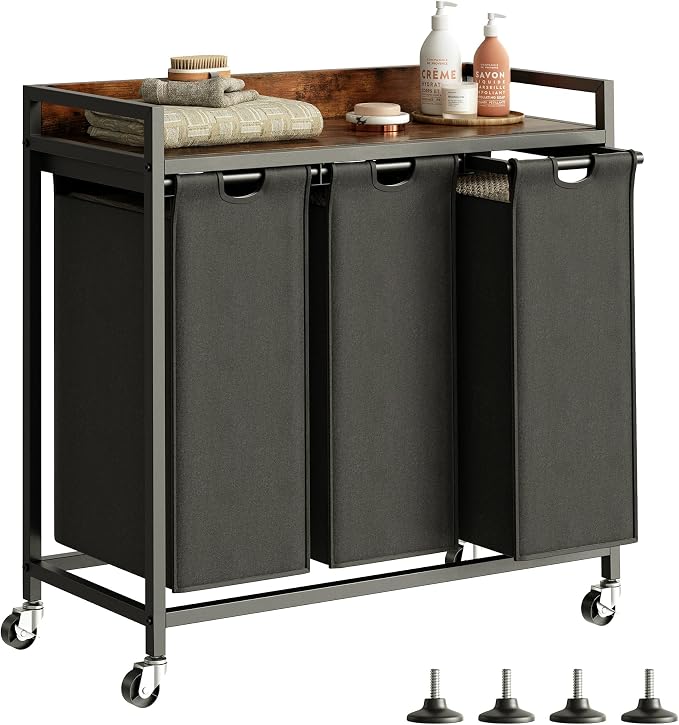 Herture Laundry Hamper with Shelf, Laundry Basket 3 Section, Laundry Sorter with Pull-Out Removable Large Bags and Movable Wheels, Metal Frame, 3 x 15.87 Gallons (60L), Rustic Brown + Black PF04XLY by Herture