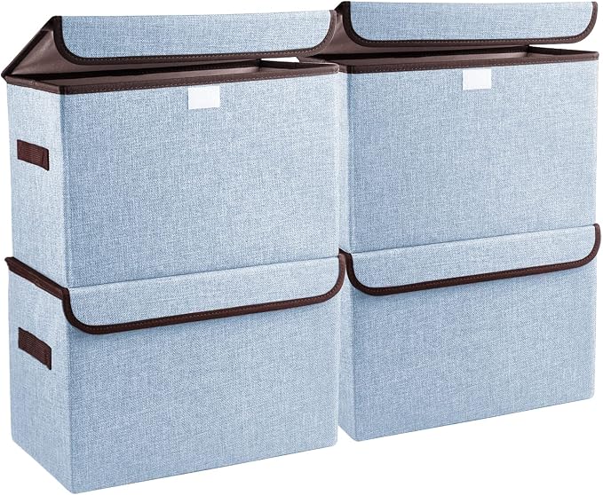 Bagnizer Foldable Storage Bins with Lids, Decorative Storage Baskets, Large Storage Boxes for Home, Office, Bedroom, Closet, Blue, Medium, 4 Pack 14.6 x 9.5 x 9.5” by Bagnizer