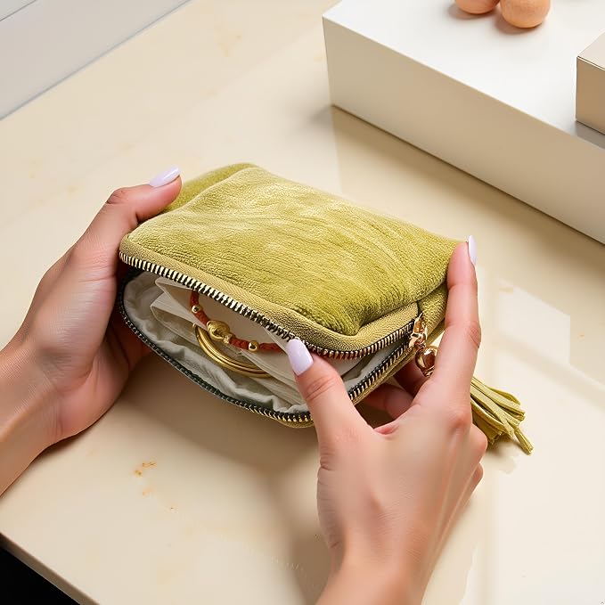 Small Travel Jewelry Case - Jewelry Travel Organizer Bag with Tassel Zipper for Bracelets, Necklaces, Bangles, Jewelry Organizer Storage Bag Gift for Women Girls - LJB001-Olive Green - Image 4
