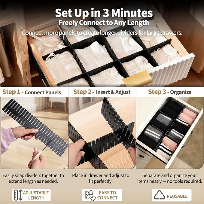 Drawer Divider Adjustable Diy Storage Organizer Separator for Tidying Clutter Cutlery Makeup Clothes of Dresses, Desk & Box in Kitchen Bathroom Bedroom Office (Cut at Will) (Black 32pcs) - Image 4