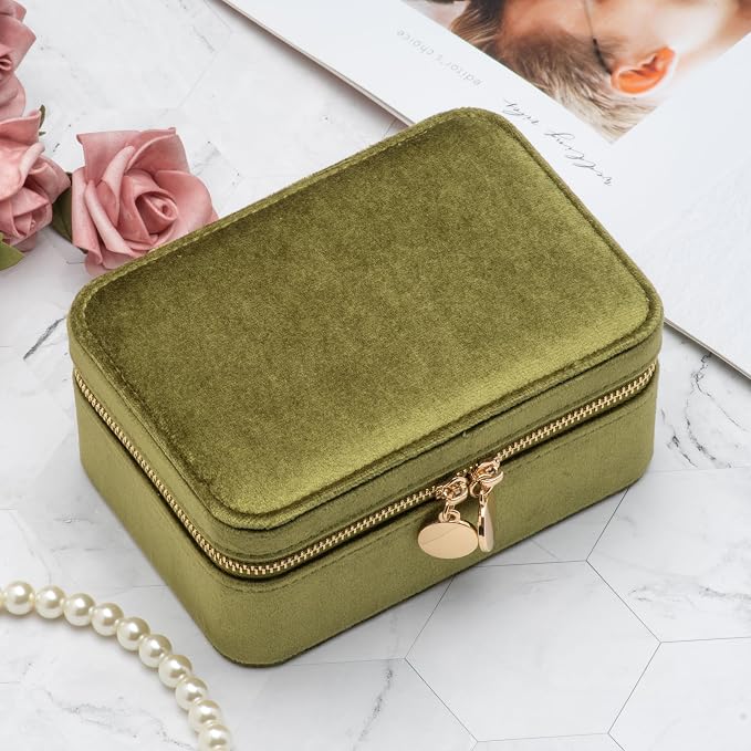 Velvet Travel Jewelry Organizer Box with Zipper Around Portable Accessory Display Tray Holder Storage Case for Multiple Earrings Rings Necklaces Bracelets (Olive Green) - Image 5