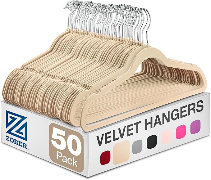 Zober Velvet Hangers 50 Pack - Ivory for Coats, Pants & Dress Clothes - Non Slip w/ 360 Degree Swivel, Holds up to 10 lbs - Strong Felt Hangers for Clothing by ZOBER
