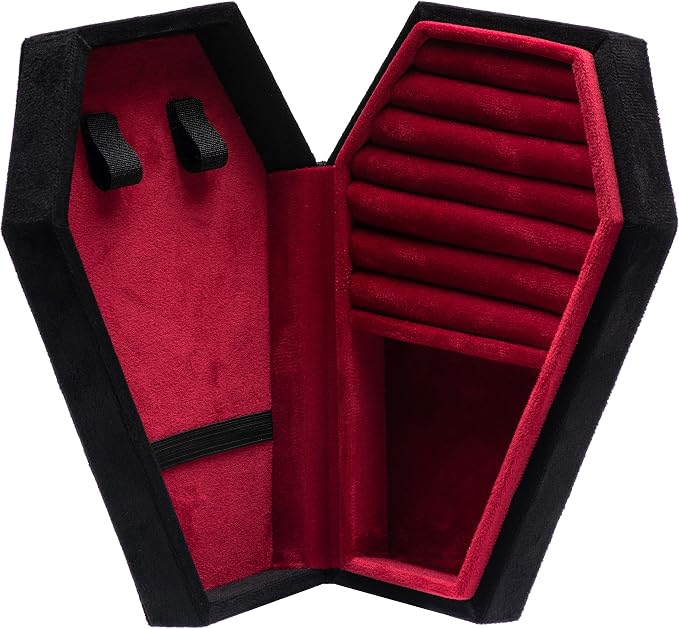 Velvet Coffin Jewelry Travel Case Holder for Gothic Wedding Ceremony Jewelry Organizer Decoration (Black and Red) - Image 2