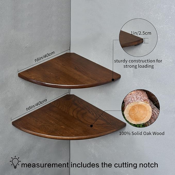 Corner Shelves, Floating Corner Shelf, Set of 2 16inch Solid Oak Wood Corner Wall Shelves, Round End with Wire Hole for Small Plant for Bedroom Kitchen, Living Room - Image 5