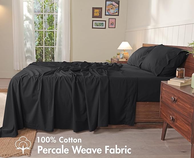 RUVANTI 100% Cotton Sheets – Full Size Percale Bedding, Cooling & Breathable, Durable with a Crisp, Soft & Comfortable Feel, 16" Deep Pocket, 4-Piece Set, Jet Black