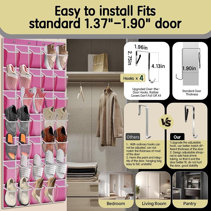 PAULONE 35 Pocket Over the Door Shoe Organizer,Reusable Breathable Large Mesh Bag Men's & Women's Sneaker Organizer,Shoe Organizer for Kids,Hanging Shoe Storage Hanging Bag (Pink) - Image 4
