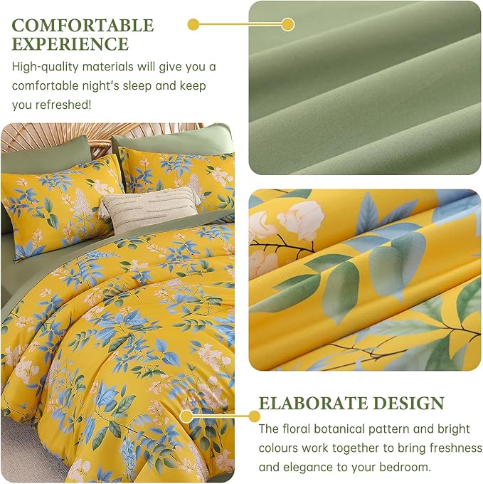 Cottolester Floral Comforter Set King Size,7-Piece Yellow Green Comforter Bed in A Bag,Botanical Comforter Set with Pillowcases,Soft Microfiber Complete Bedding Sets for All Season