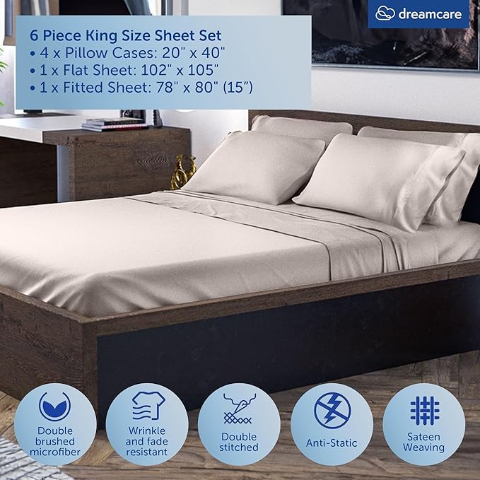 DREAMCARE King Size Sheets Set - 6 pcs Breathable Cooling Bed Sheets - up to 15" Deep Pocket King Sheet Set with Side Pockets - Extra Soft 100% Brushed Hypoallergenic Hotel Luxury Bedding - Beige