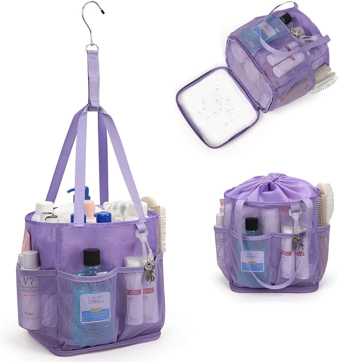 Mesh Shower Caddy Portable for College Dorm Room Essentials, Shower Tote Bag with Hanging Hook and Drawstring, Quick Dry Toiletry Bag with 6 Pockets for Bathroom, Swimming, Gym, Camping, Beach, Travel by onemoky