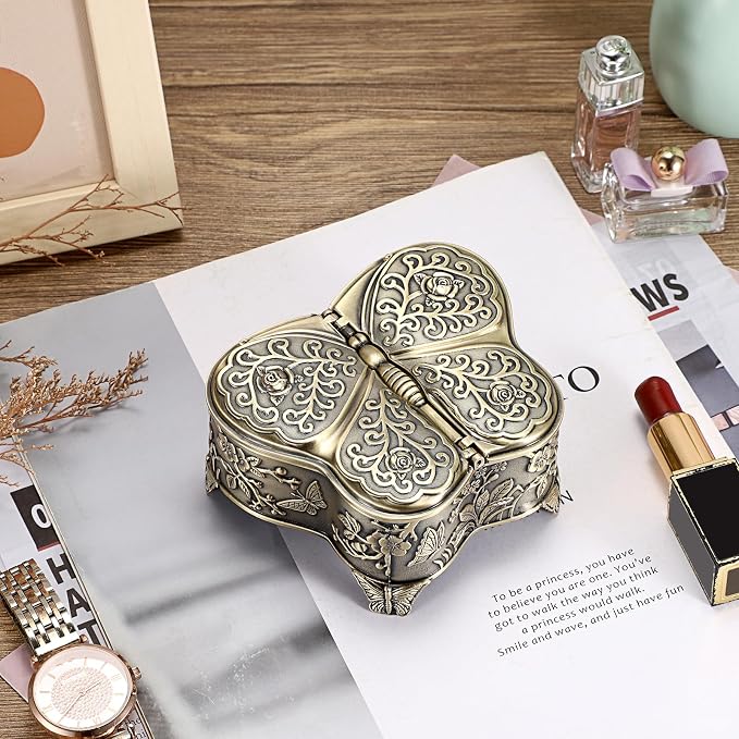 Hipiwe Vintage Metal Jewelry Trinket Box - Butterfly Shape Jewelry Organizer Treasure Chest Ring Holder Earrings Necklace Storage Box Keepsake Box,Brozne,Medium - Image 2