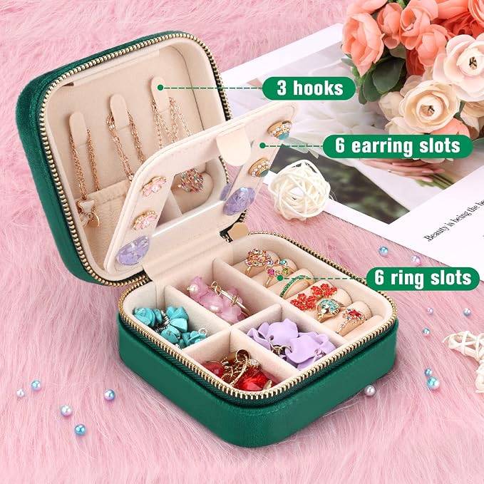 DesignSter Travel Jewelry Box - Velvet Mini Jewelry Organizer, Small Jewelry Case for Girls Women, Jewelry Storage Box for Rings Earrings Necklace (Square, Emerald Green) - Image 4