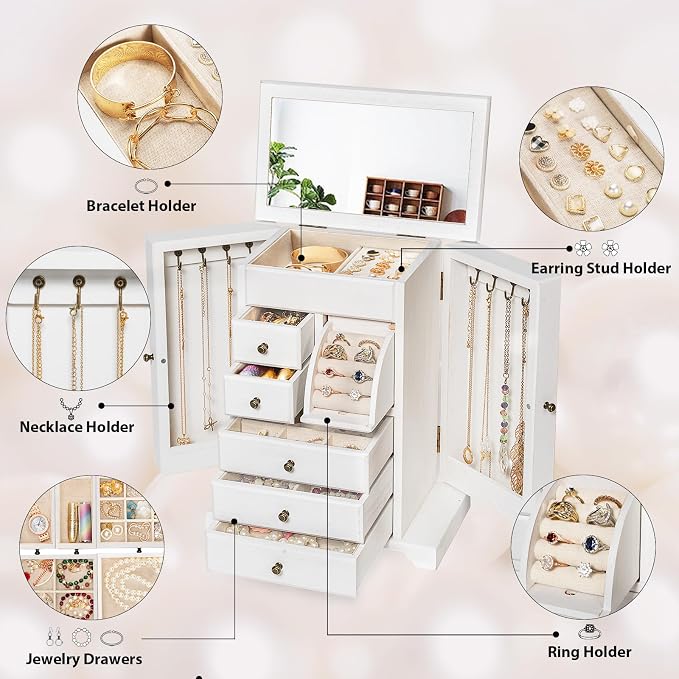 Jewelry Box for Women, Rustic Wooden Jewelry Boxes & Organizers with Mirror & Drawers,6 Layer Jewelry Organizer Box for Rings Earrings Necklaces Bracelets ((Weathered White) - Image 3