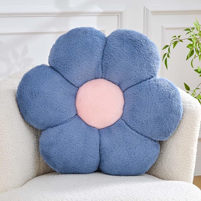 Kcvvcr Flower Pillow Cute Decorative Throw Pillow with Faux Rabbit Fur Soft Daisy Plush Floor Cushion Aesthetic Flower Shaped Pillow Home Decor for Bed Sofa Couch (Dusty Blue, 14.9 Inch)