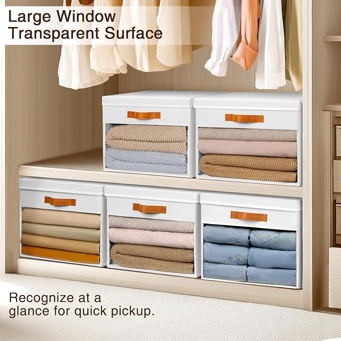 Homsorout Large Storage Bins with Lids - 4 Pack Foldable Decorative Organizers with Clear Windows & Handles, Cube Storage Organizers for Clothes, Blankets, Sweaters, CD, White - Image 3