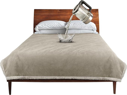 Catalonia Waterproof Liquid Pee Proof Fleece Sherpa Blanket for Bed Couch Sofa, Protector Cover for Baby, Cozy Lining Throws for Camping Boating (Camel/Taupe, 50x60 inch)