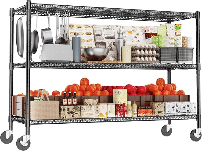 Heavy Duty Shelving, 51.6" H Garage Shelving Unit with Wheels, 3-Tier Garage Storage Shelves Metal Shelves Rack, Adjustable Industrial Shelving for Warehouse Storage, 60" W x 24" D x 51.6" H, Black by GIOTORENT