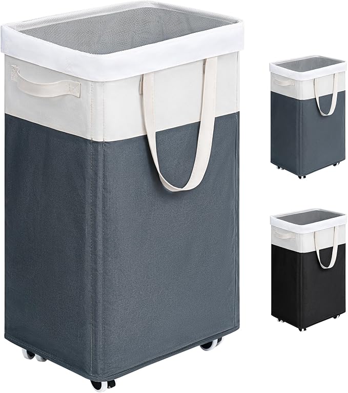 Goodpick Laundry Basket with Wheels, 75L Laundry Hamper for Dirty Clothes, College Dorm Essentials, Clothes Hamper for Livng Room, Grey&White by Goodpick