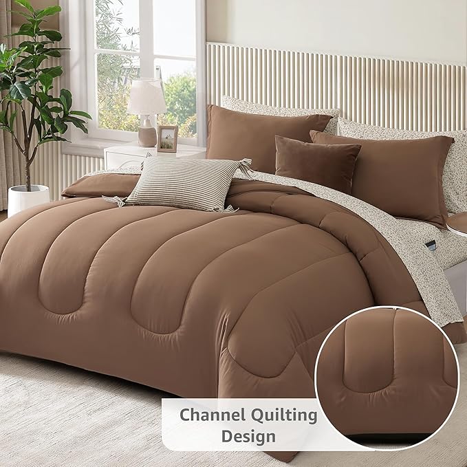 Monbix Queen Comforter Set - 7 Pieces Brown Bed in a Bag Queen Track Stitching Bedding Sets, All Seasons Comforter Bed Set with Sheets,Pillowcases & Shams
