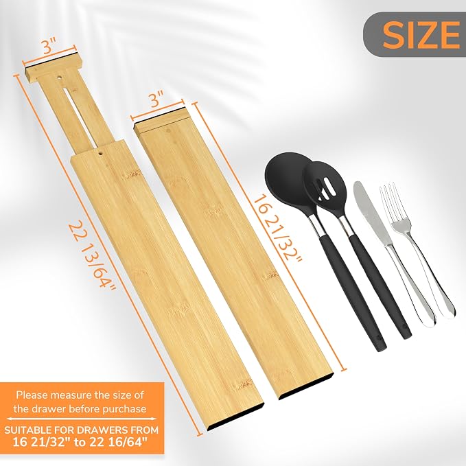 BAMEOS 3" H Large Bamboo Drawer Dividers Adjustable Drawer Organization Expandable Utensil Organizers for Kitchen Dresser Bathroom Bedroom and Office 4-pack - Image 2