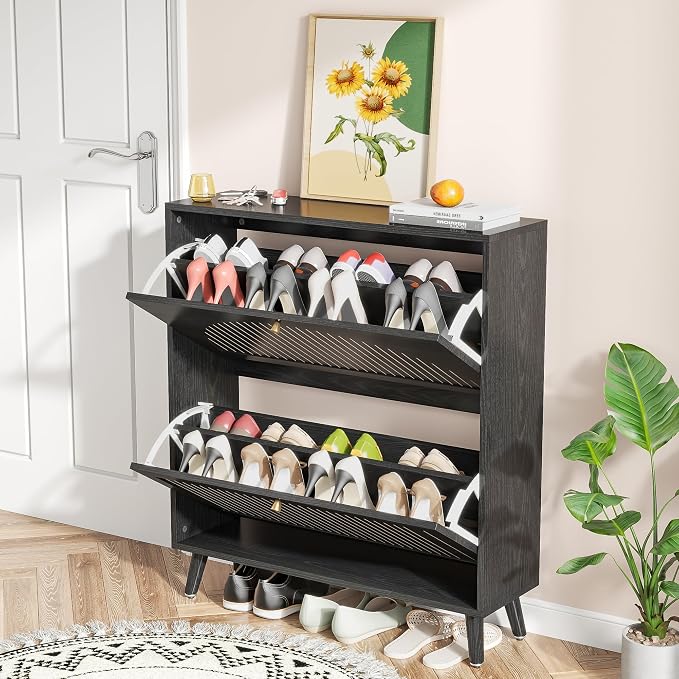 Fsbecl Shoe Storage Cabinet for Entryway with 2 Flip Drawers, Narrow Wood Shoe Cabinet with Fluted Panel, Freestanding Hidden Shoe Organizer for Foyer, Hallway (Black - with Shelf) - Image 8