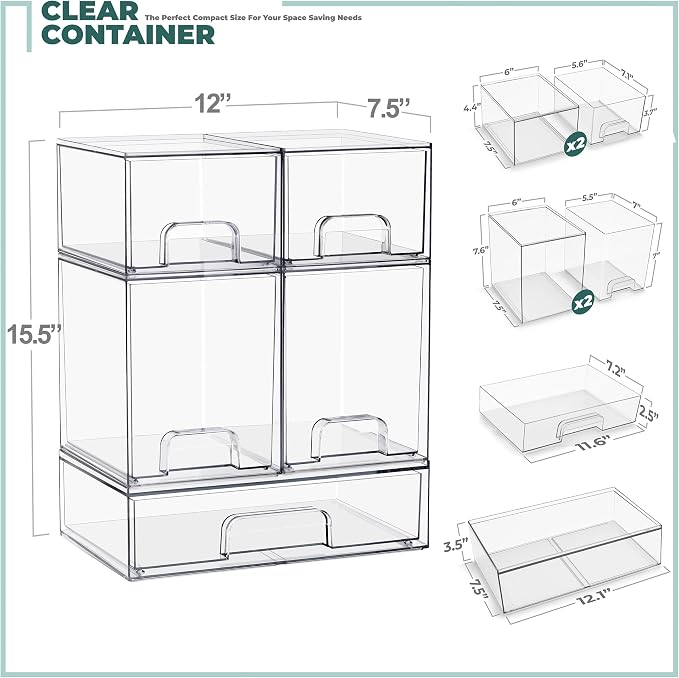 Sorbus Stackable Acrylic Storage Drawers – 2 Small + 2 Tall + 1 Wide – 5 Pack Clear Plastic Organizer Bins for Baby Bottles, Makeup, Bathroom & Vanity, Pull-Out Drawer Design for Kitchen Cabinets - Image 3