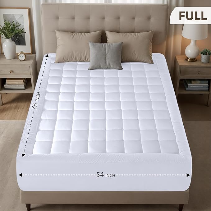 Utopia Bedding Full Mattress Pad, Quilted Fitted Premium Mattress Protector, Deep Pocket Cover Stretches up to 16 Inches, Fluffy Pillow Topper (54x75 Inches, White)